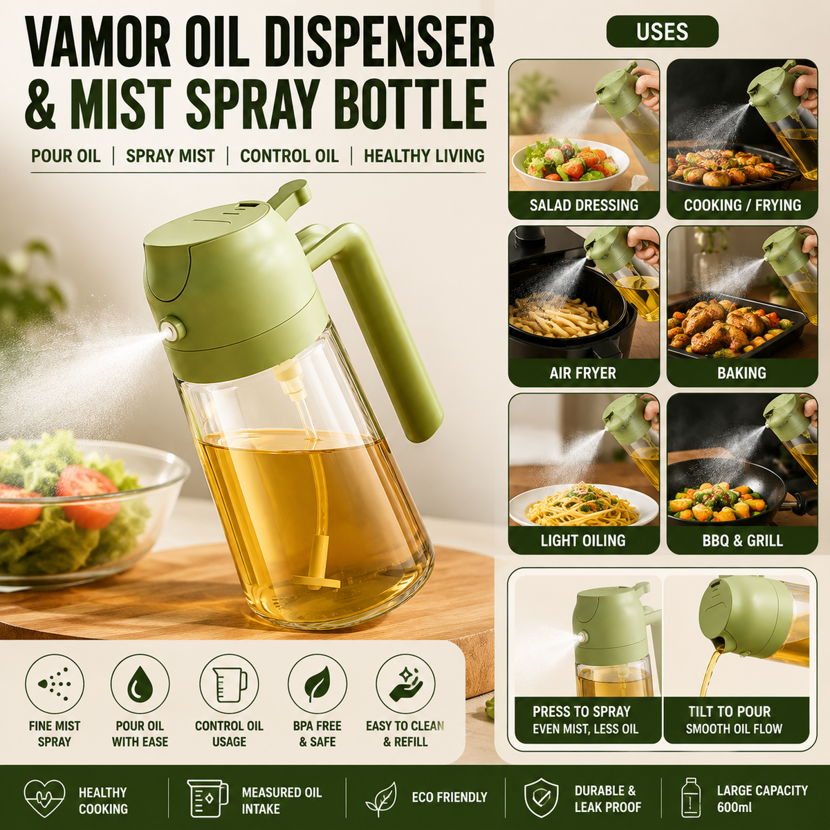 VAMOR OIL DISPENSER & MIST SPRAY BOTTLE – 500ML