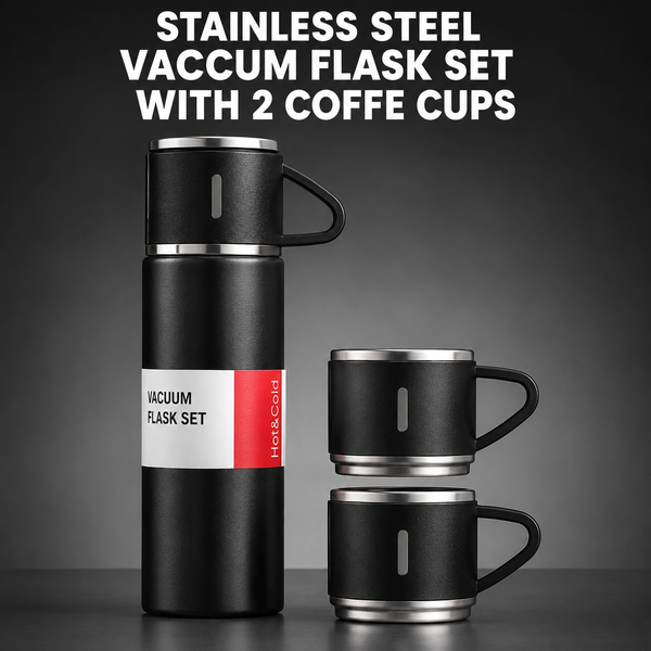 STAINLESS STEEL VACCUM FLASK SET WITH 2 COFFEE CUPS – 500ML