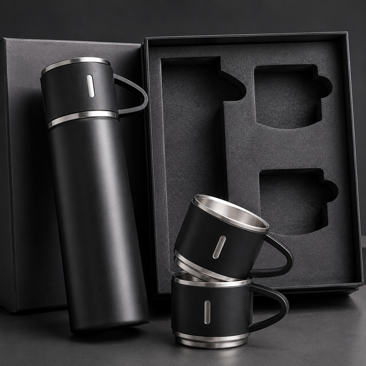STAINLESS STEEL VACCUM FLASK SET WITH 2 COFFEE CUPS – 500ML