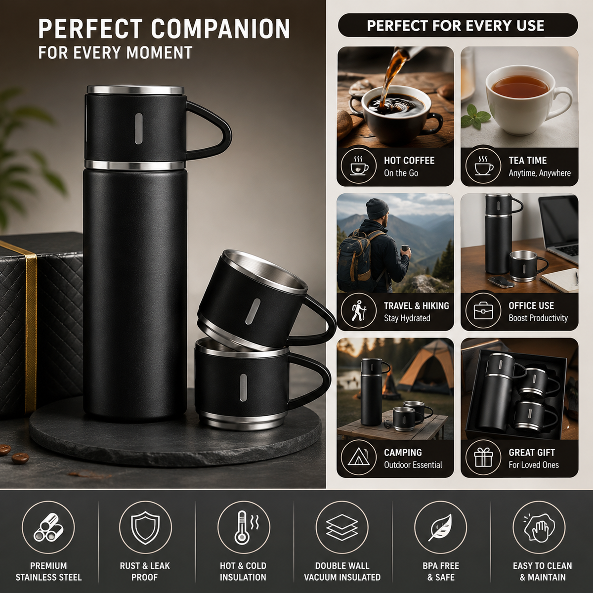 STAINLESS STEEL VACCUM FLASK SET WITH 2 COFFEE CUPS – 500ML