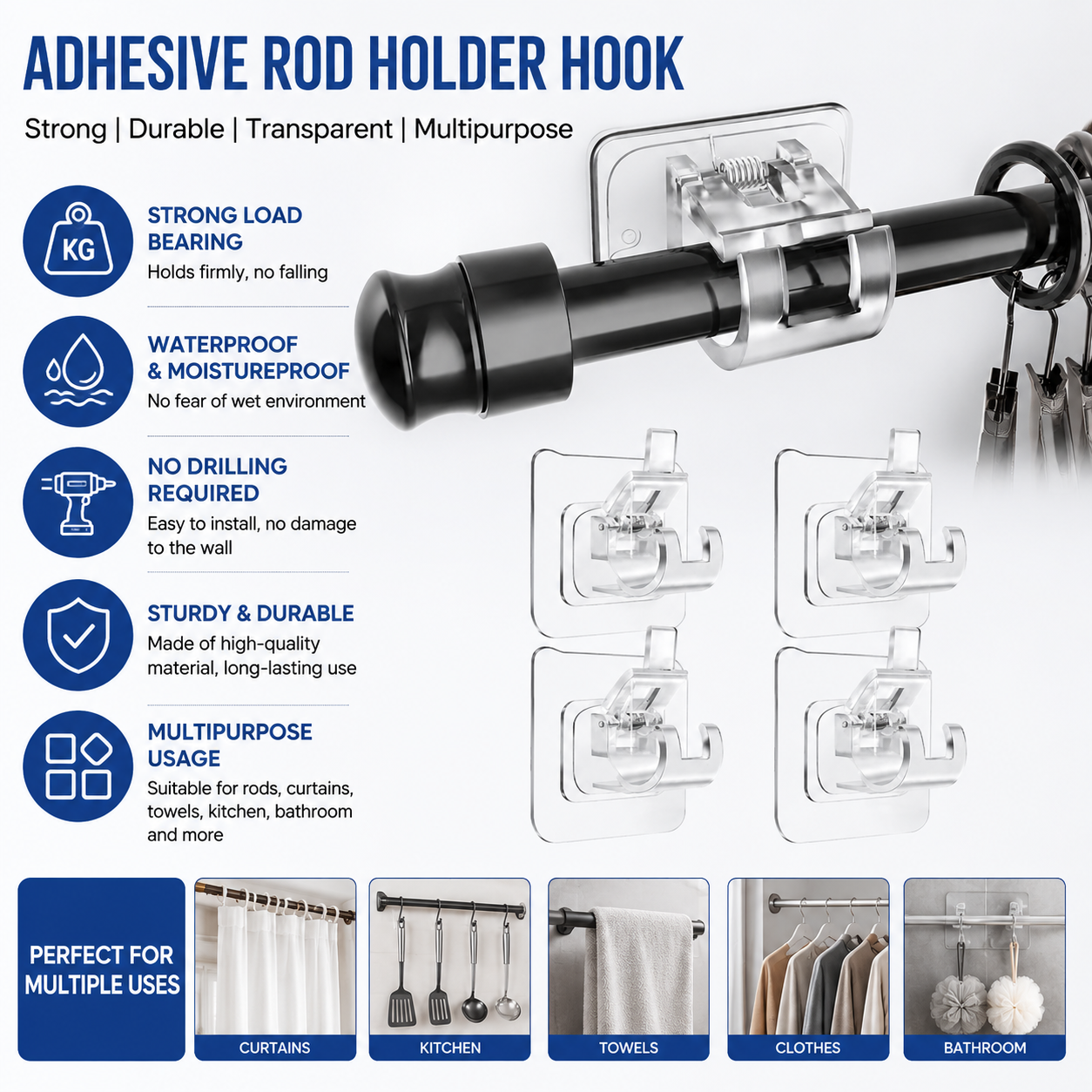 ROD CLIPS HOOK SELF ADHESIVE | PACK OF 10