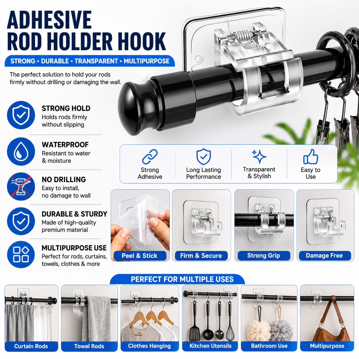 ROD CLIPS HOOK SELF ADHESIVE | PACK OF 10