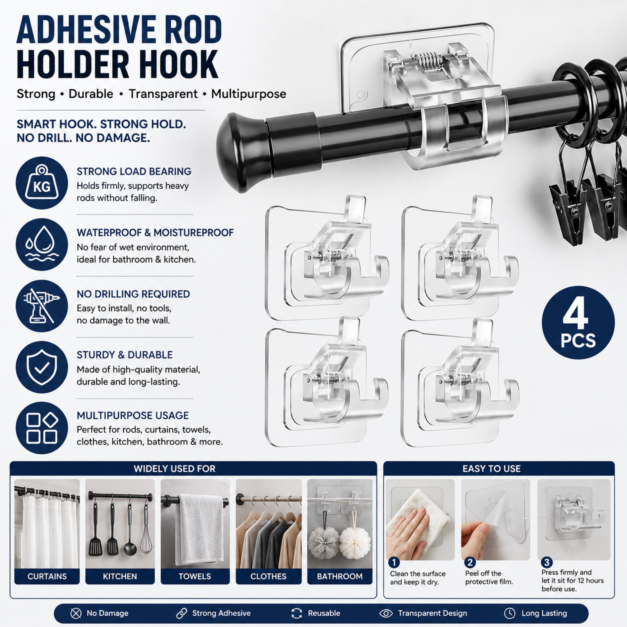 ROD CLIPS HOOK SELF ADHESIVE | PACK OF 10
