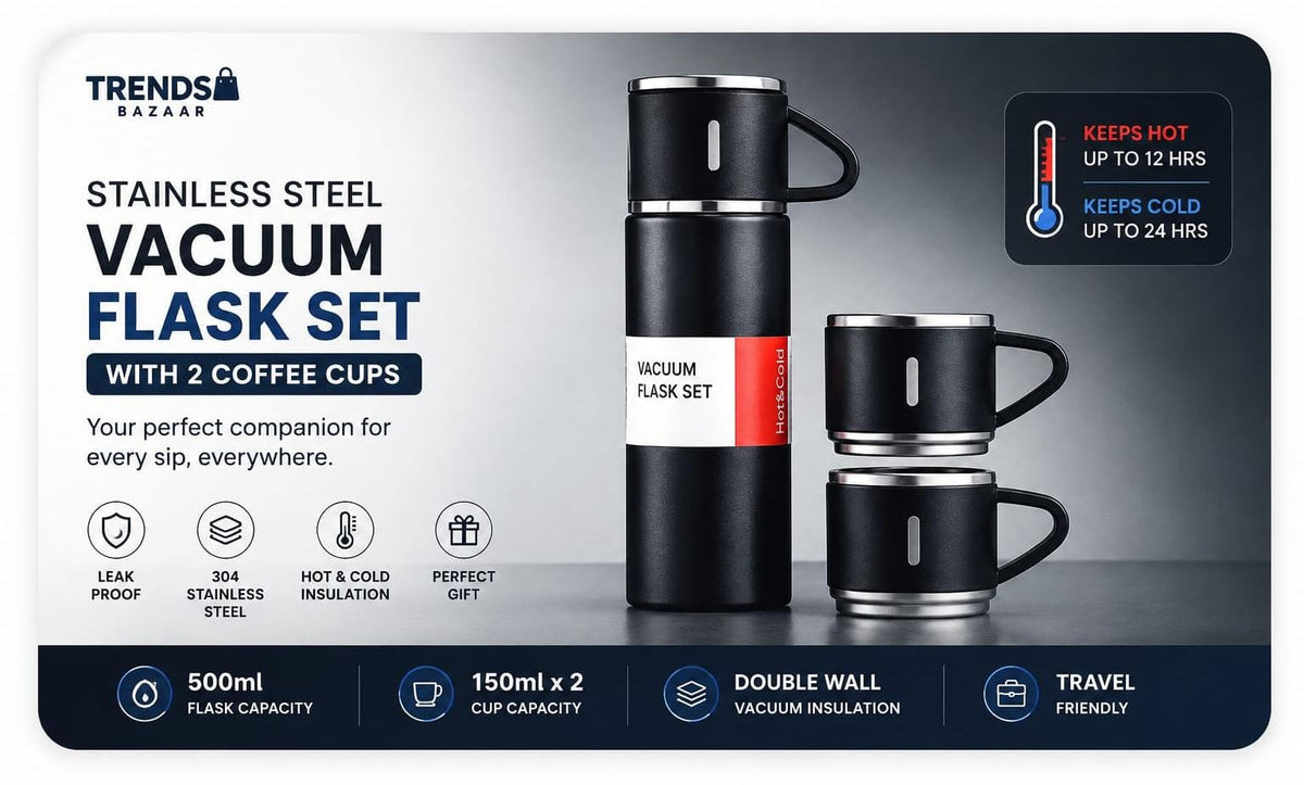 STAINLESS STEEL VACCUM FLASK SET WITH 2 COFFEE CUPS – 500ML