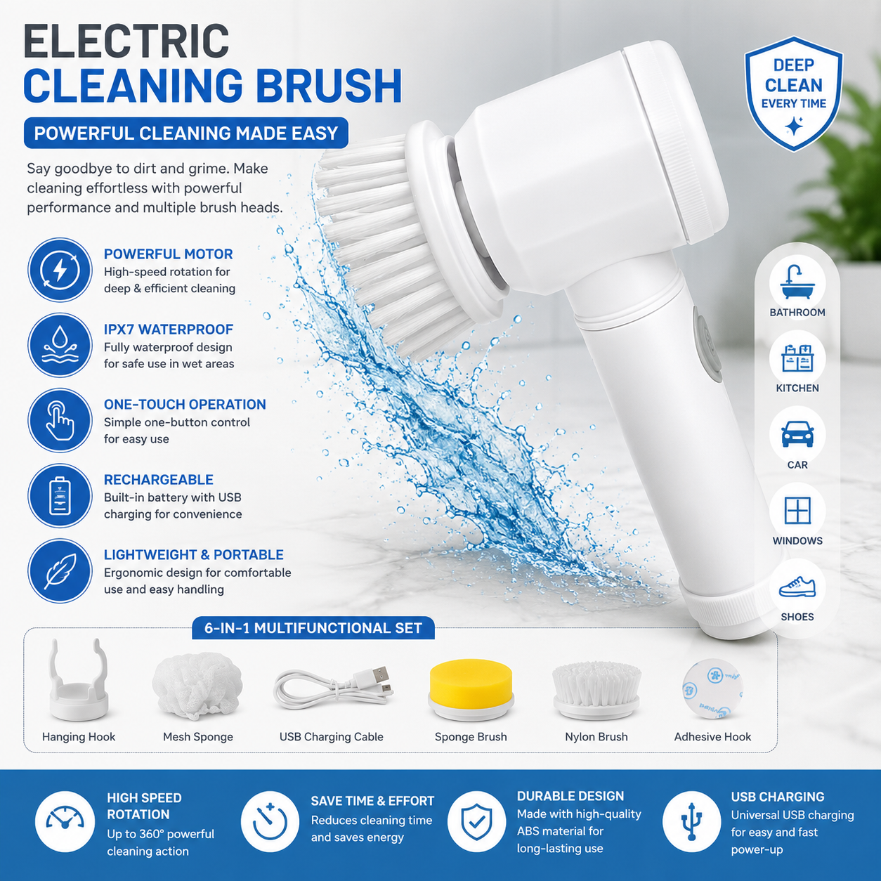 ELECTRIC CLEANING BRUSH WITH 3 BRUSH HEADS